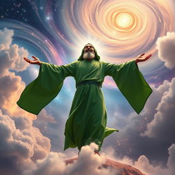A stunning and large-scale image suitable for a mobile wallpaper, depicting a Shia Muslim mystic in a moment of spiritual elevation, wearing a flowing green robe
