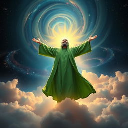 A stunning and large-scale image suitable for a mobile wallpaper, depicting a Shia Muslim mystic in a moment of spiritual elevation, wearing a flowing green robe