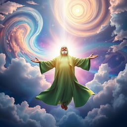 A stunning and large-scale image suitable for a mobile wallpaper, depicting a Shia Muslim mystic in a moment of spiritual elevation, wearing a flowing green robe