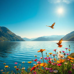 A serene and enchanting landscape featuring a tranquil lake surrounded by lush, green mountains under a bright blue sky