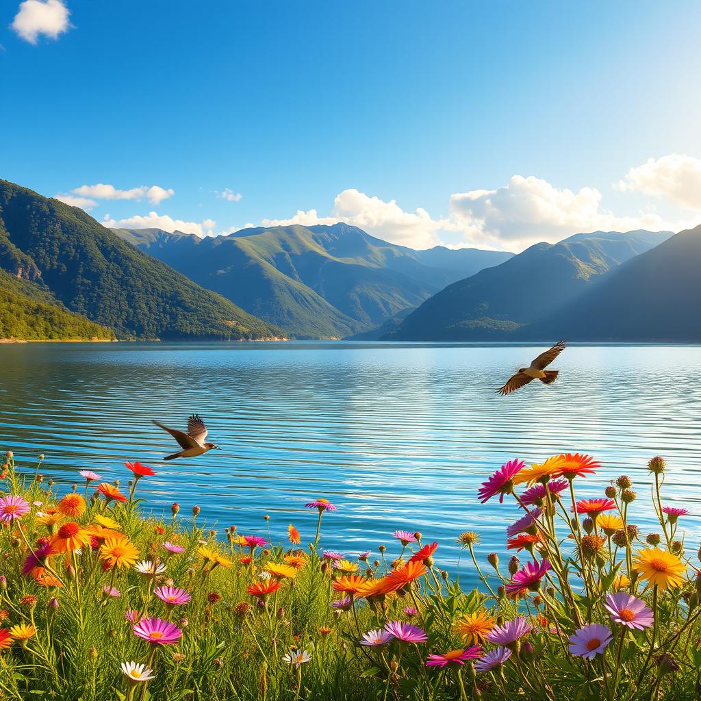 A serene and enchanting landscape featuring a tranquil lake surrounded by lush, green mountains under a bright blue sky