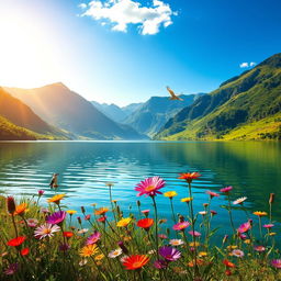 A serene and enchanting landscape featuring a tranquil lake surrounded by lush, green mountains under a bright blue sky