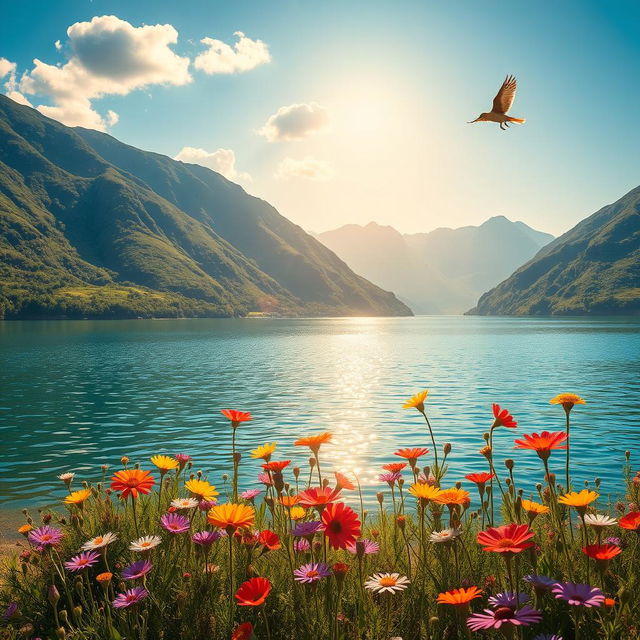 A serene and enchanting landscape featuring a tranquil lake surrounded by lush, green mountains under a bright blue sky