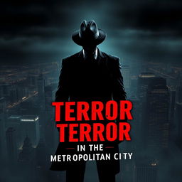 A captivating book cover design for 'Terror in the Metropolitan City', featuring a shadowy figure wearing a sleek black suit and a Fedora hat, depicted as a dark silhouette