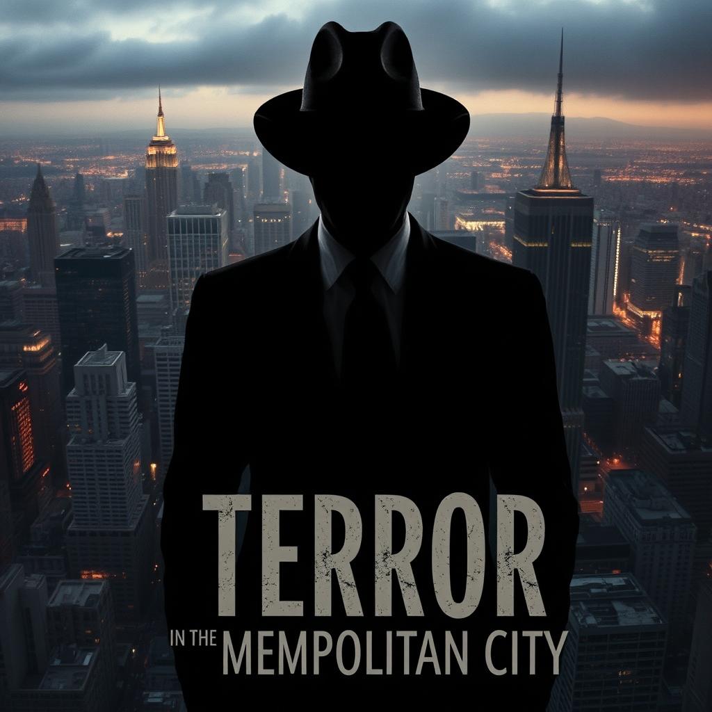 A captivating book cover design for 'Terror in the Metropolitan City', featuring a shadowy figure wearing a sleek black suit and a Fedora hat, depicted as a dark silhouette