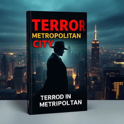 A captivating book cover design for 'Terror in the Metropolitan City', featuring a shadowy figure wearing a sleek black suit and a Fedora hat, depicted as a dark silhouette