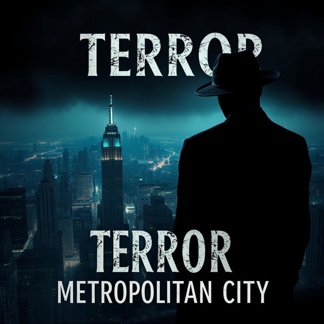 A captivating book cover design for 'Terror in the Metropolitan City', featuring a shadowy figure wearing a sleek black suit and a Fedora hat, depicted as a dark silhouette