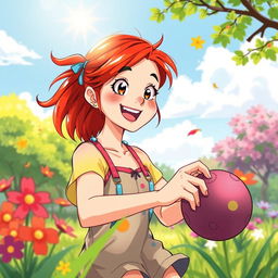 A vibrant and artistic illustration of a teenage girl with striking red hair, engaging in a fun outdoor activity