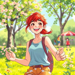 A vibrant and artistic illustration of a teenage girl with striking red hair, engaging in a fun outdoor activity