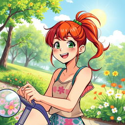 A vibrant and artistic illustration of a teenage girl with striking red hair, engaging in a fun outdoor activity