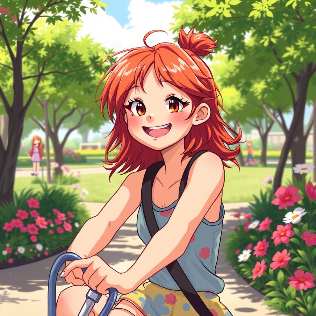 A vibrant and artistic illustration of a teenage girl with striking red hair, engaging in a fun outdoor activity