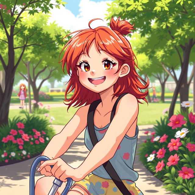 A vibrant and artistic illustration of a teenage girl with striking red hair, engaging in a fun outdoor activity