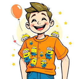 A fun and colorful character wearing a bright orange vector-style shirt featuring playful minions