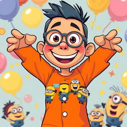 A fun and colorful character wearing a bright orange vector-style shirt featuring playful minions
