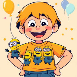 A fun and colorful character wearing a bright orange vector-style shirt featuring playful minions