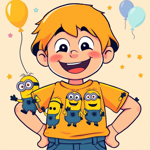 A fun and colorful character wearing a bright orange vector-style shirt featuring playful minions