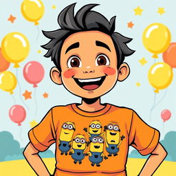 A fun and colorful character wearing a bright orange vector-style shirt featuring playful minions