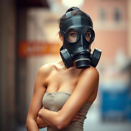 A slim, elegant woman wearing a full-face gas mask, standing confidently