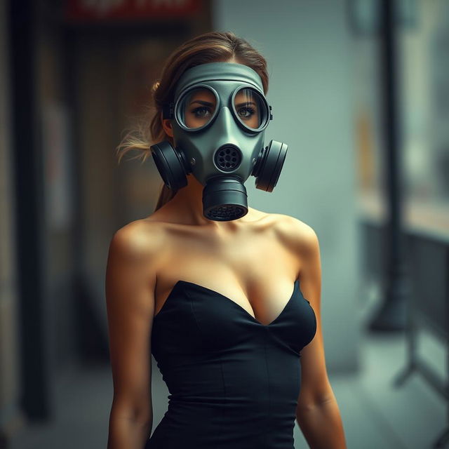 A slim, elegant woman wearing a full-face gas mask, standing confidently