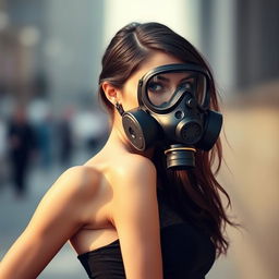 A slim, elegant woman wearing a full-face gas mask, standing confidently