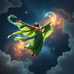 An ethereal Muslim Shia mystic, depicted gracefully flying through the cosmos, wearing flowing green robes