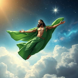An ethereal Muslim Shia mystic, depicted gracefully flying through the cosmos, wearing flowing green robes