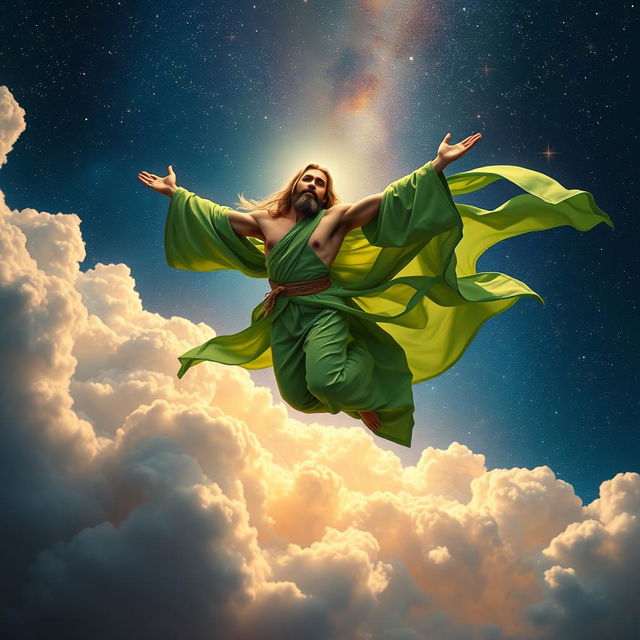 An ethereal Muslim Shia mystic, depicted gracefully flying through the cosmos, wearing flowing green robes