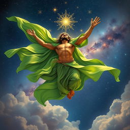 An ethereal Muslim Shia mystic, depicted gracefully flying through the cosmos, wearing flowing green robes
