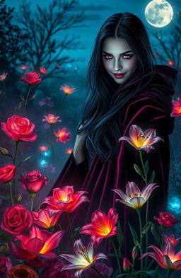 A stunning scene featuring Ember, a striking vampire with long flowing dark hair and piercing red eyes, surrounded by an ethereal garden of vibrant, luminescent flowers