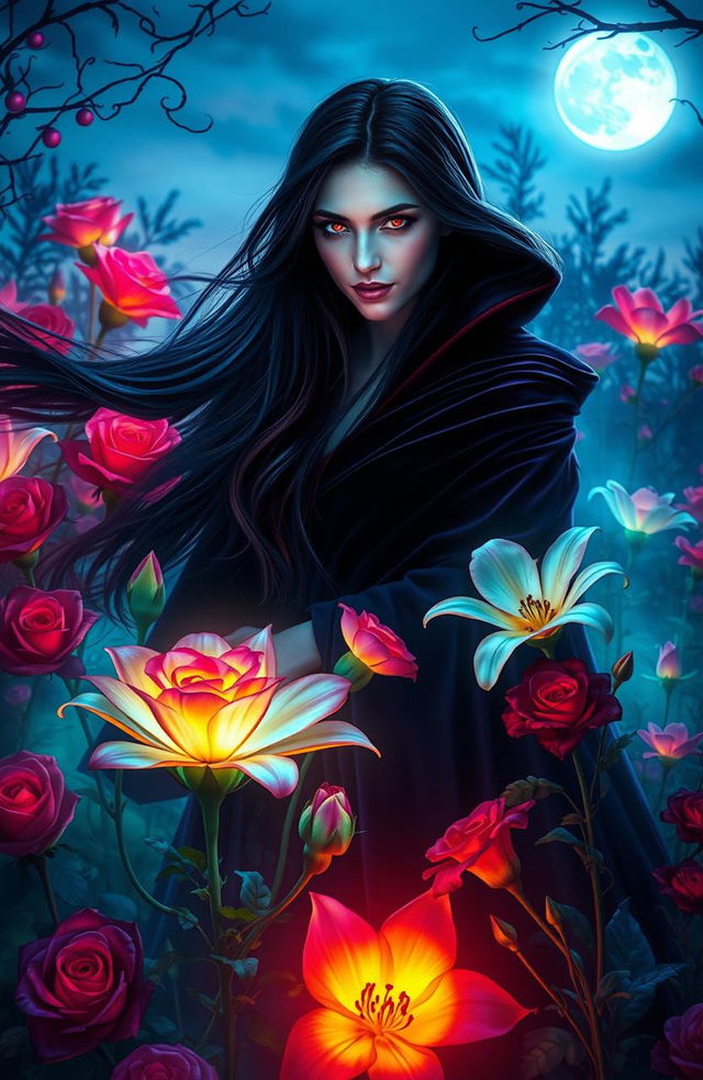 A stunning scene featuring Ember, a striking vampire with long flowing dark hair and piercing red eyes, surrounded by an ethereal garden of vibrant, luminescent flowers