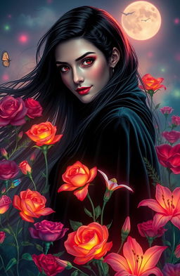 A stunning scene featuring Ember, a striking vampire with long flowing dark hair and piercing red eyes, surrounded by an ethereal garden of vibrant, luminescent flowers