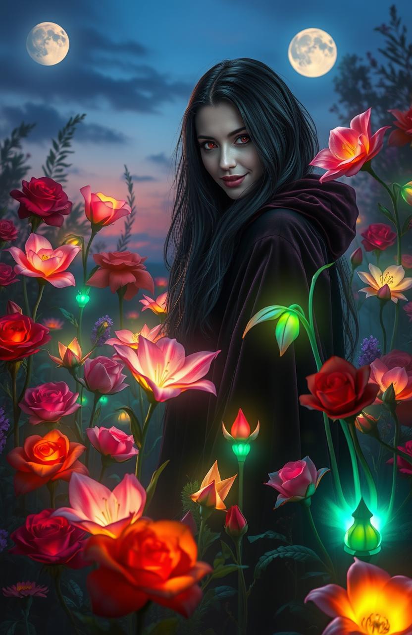 A stunning scene featuring Ember, a striking vampire with long flowing dark hair and piercing red eyes, surrounded by an ethereal garden of vibrant, luminescent flowers