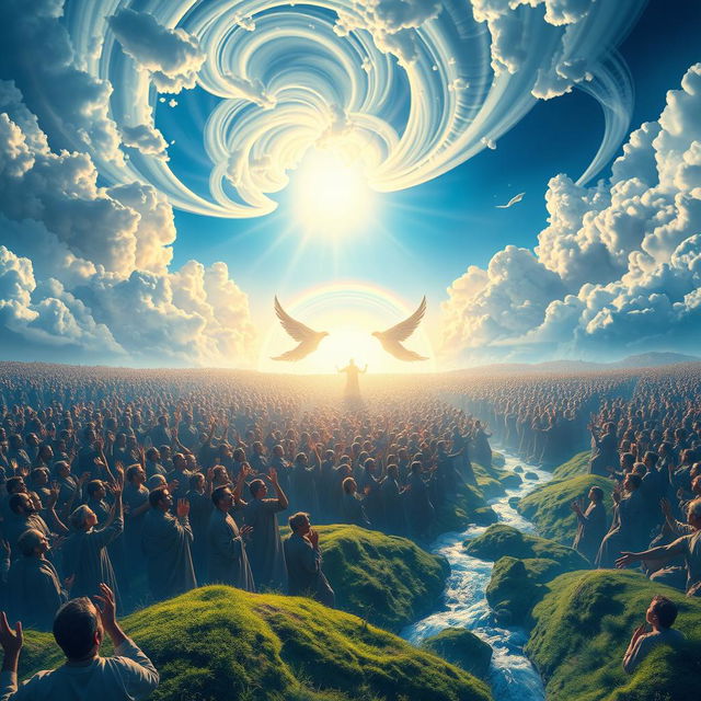 A stunning and ethereal scene illustrating the Resurrection Day as described in the Quran, featuring a vast, bright landscape filled with millions of people rising from their graves, with expressions of awe and wonder on their faces