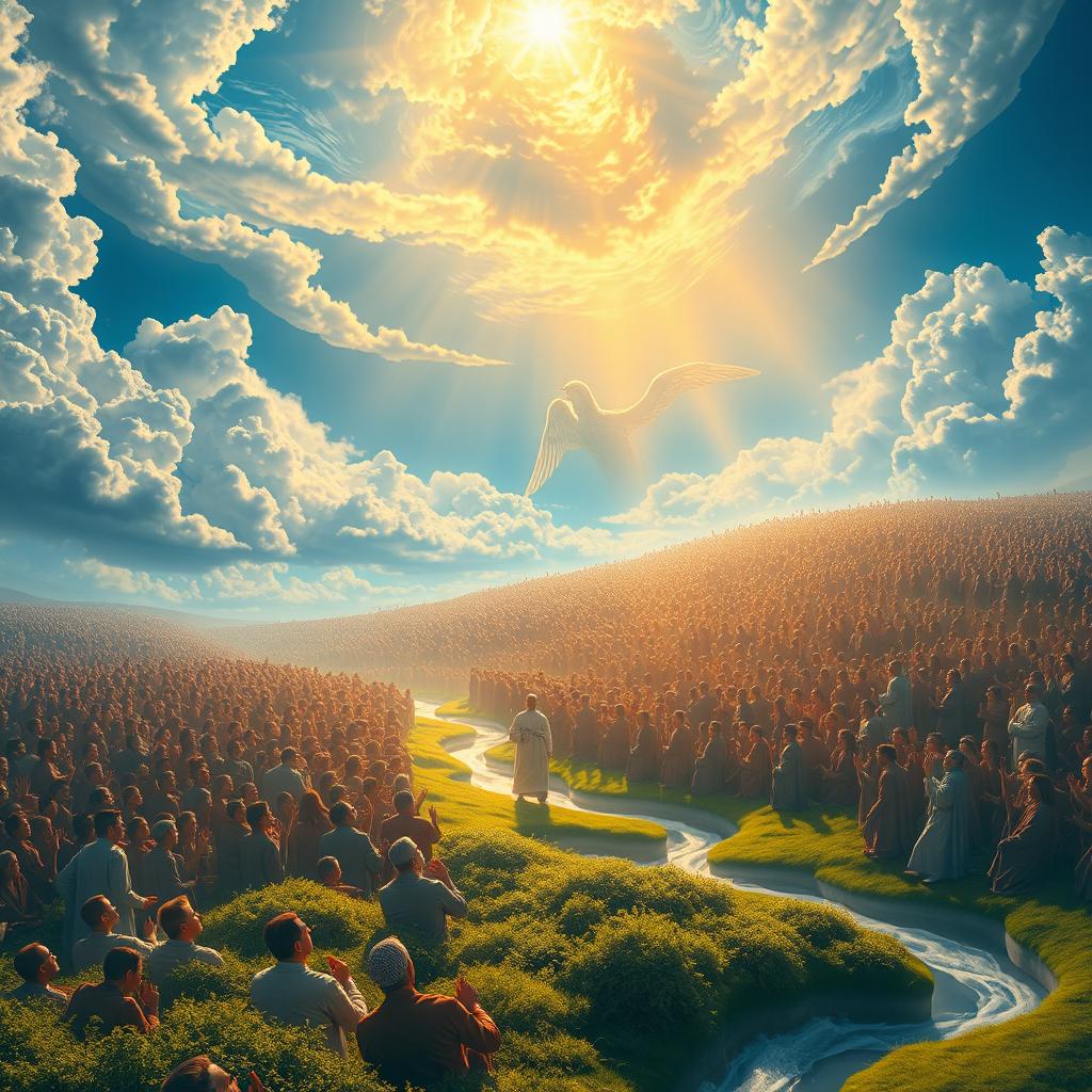 A stunning and ethereal scene illustrating the Resurrection Day as described in the Quran, featuring a vast, bright landscape filled with millions of people rising from their graves, with expressions of awe and wonder on their faces