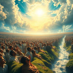 A stunning and ethereal scene illustrating the Resurrection Day as described in the Quran, featuring a vast, bright landscape filled with millions of people rising from their graves, with expressions of awe and wonder on their faces