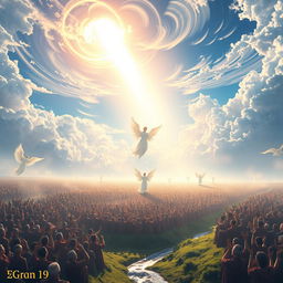 A stunning and ethereal scene illustrating the Resurrection Day as described in the Quran, featuring a vast, bright landscape filled with millions of people rising from their graves, with expressions of awe and wonder on their faces