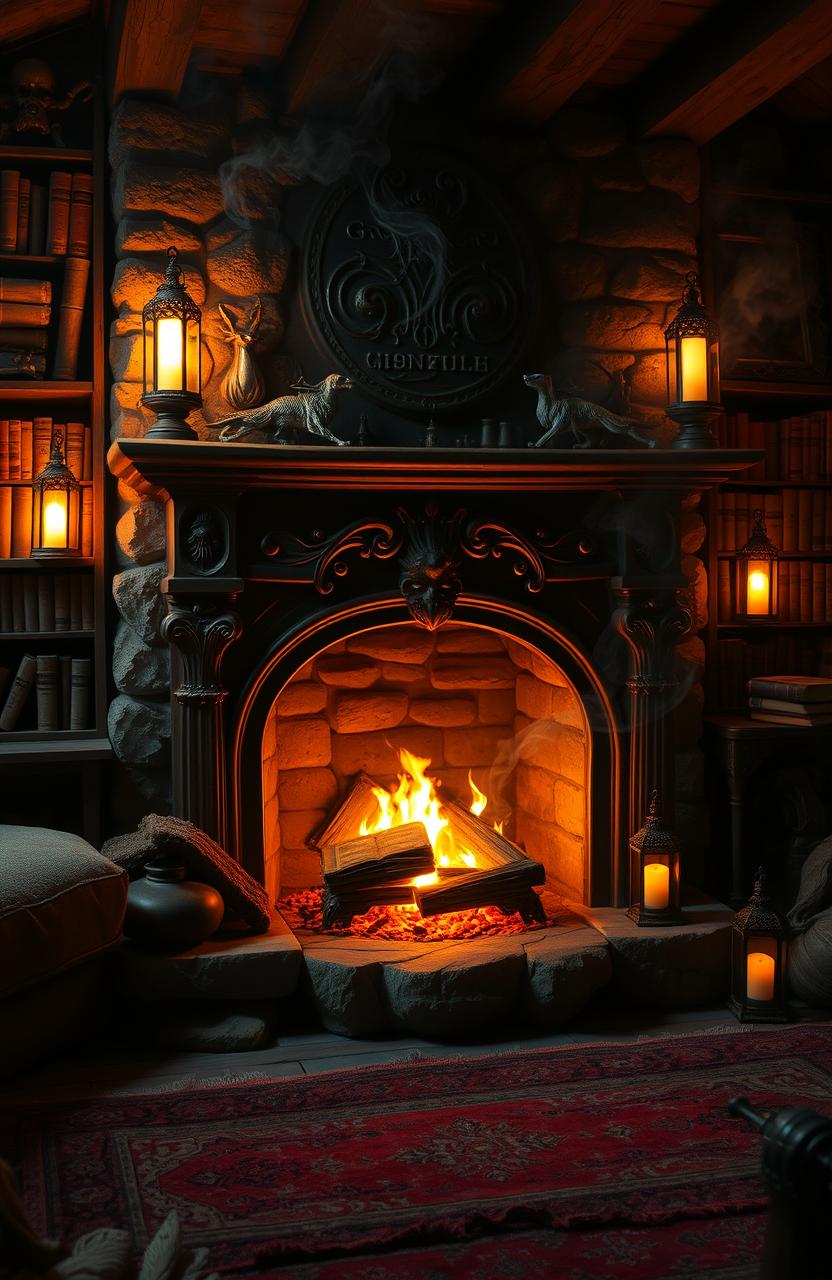 A crackling fireplace that exudes a magical, enchanted atmosphere