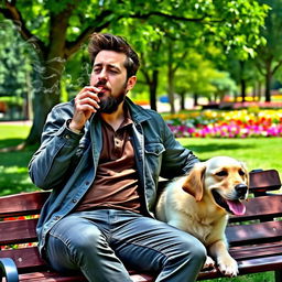 A rugged man in a casual outfit smoking a cigarette, exhaling smoke in a relaxed manner, sitting on a park bench