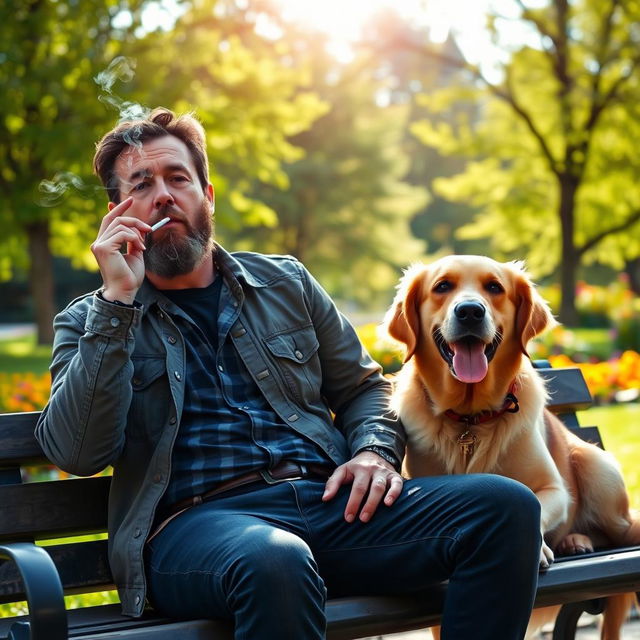 A rugged man in a casual outfit smoking a cigarette, exhaling smoke in a relaxed manner, sitting on a park bench