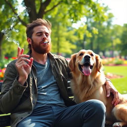 A rugged man in a casual outfit smoking a cigarette, exhaling smoke in a relaxed manner, sitting on a park bench