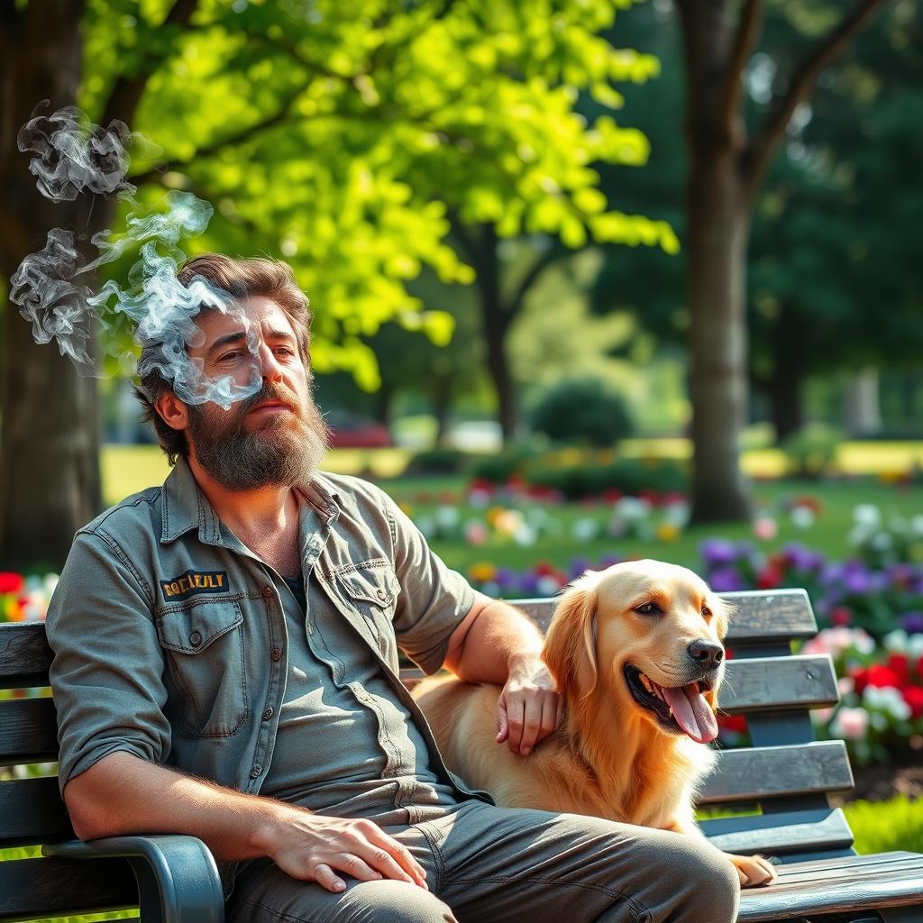 A rugged man in a casual outfit smoking a cigarette, exhaling smoke in a relaxed manner, sitting on a park bench