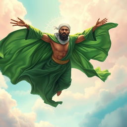 A Muslim Shiite mystic flying in a spiritual realm, wearing flowing green robes that billow gracefully in the wind