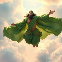 A Muslim Shiite mystic flying in a spiritual realm, wearing flowing green robes that billow gracefully in the wind