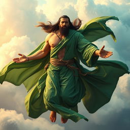 A Muslim Shiite mystic flying in a spiritual realm, wearing flowing green robes that billow gracefully in the wind