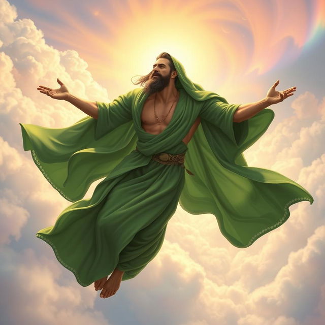 A Muslim Shiite mystic flying in a spiritual realm, wearing flowing green robes that billow gracefully in the wind