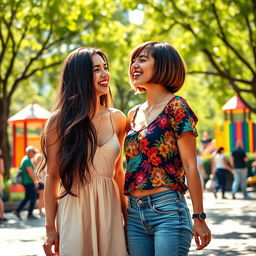 An artistic representation of two young adult women, one 25 years old and the other 24 years old, casually interacting in a vibrant urban park