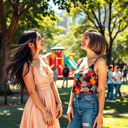 An artistic representation of two young adult women, one 25 years old and the other 24 years old, casually interacting in a vibrant urban park