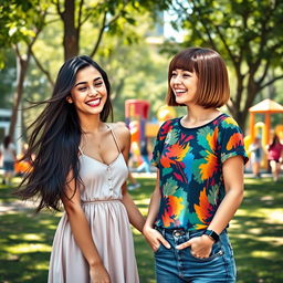 An artistic representation of two young adult women, one 25 years old and the other 24 years old, casually interacting in a vibrant urban park