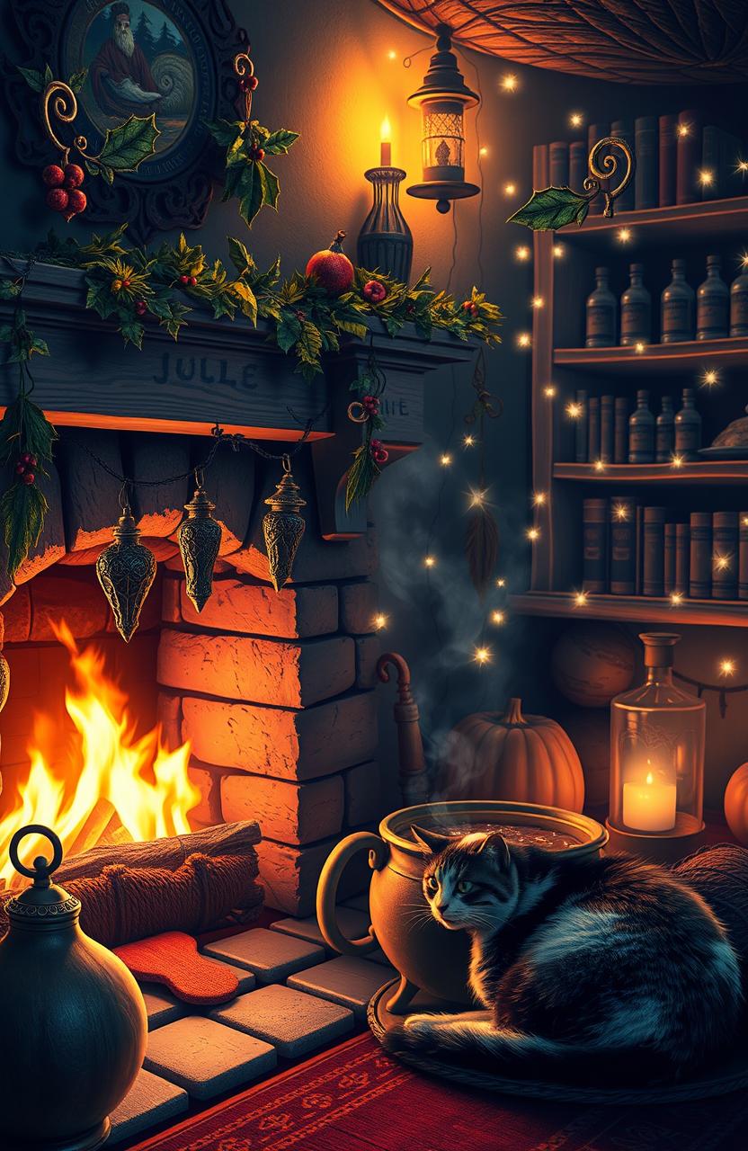 A cozy and enchanting witch's hearth adorned with magical Yule decorations, featuring a crackling fireplace casting warm light