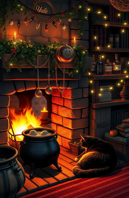 A cozy and enchanting witch's hearth adorned with magical Yule decorations, featuring a crackling fireplace casting warm light